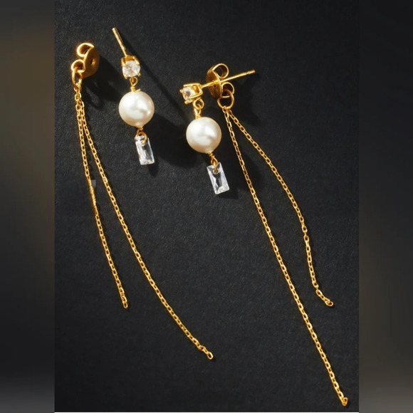 Anthropologie Jewelry - Anthropologie, Pearl and Crystal Chain Drop Earrings - NWT!